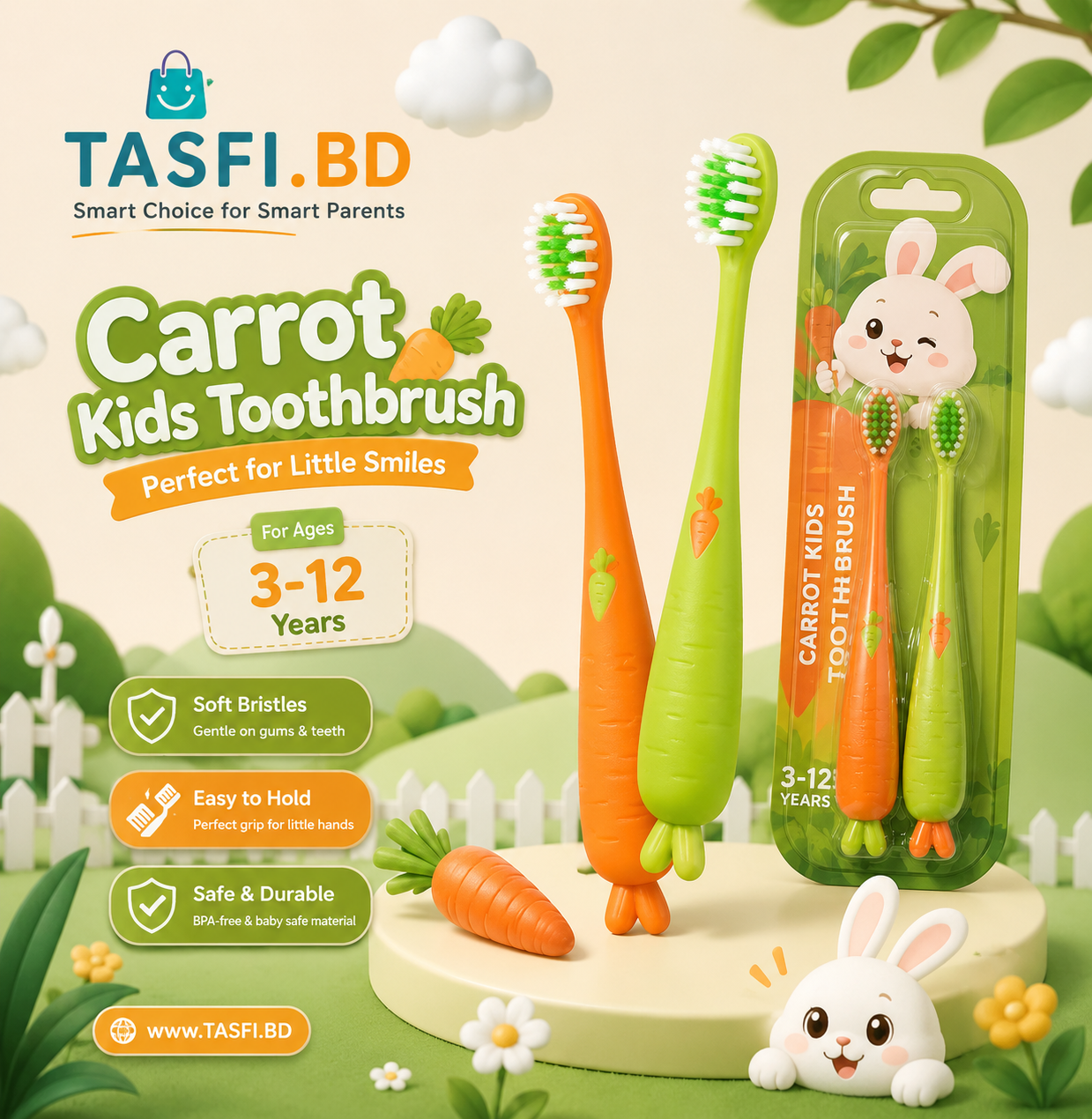 Mimo Kids Cute Carrot Shape Soft Bristle Kids Toothbrush (Pack of 2)